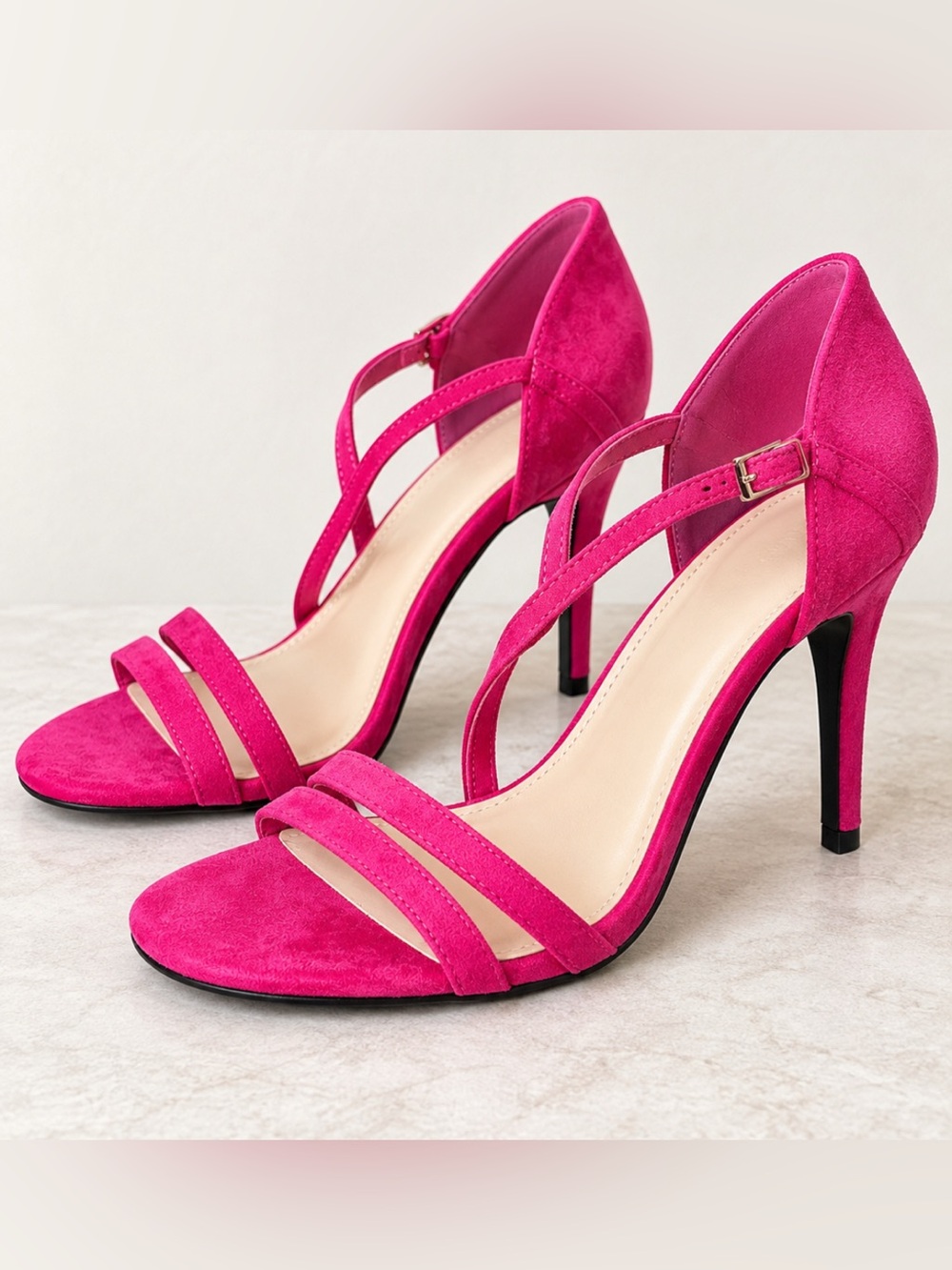 COUTGO Women’s 7.5 Hot Pink Fuchsia Faux Suede Strappy Heels 3” Stiletto NEW!